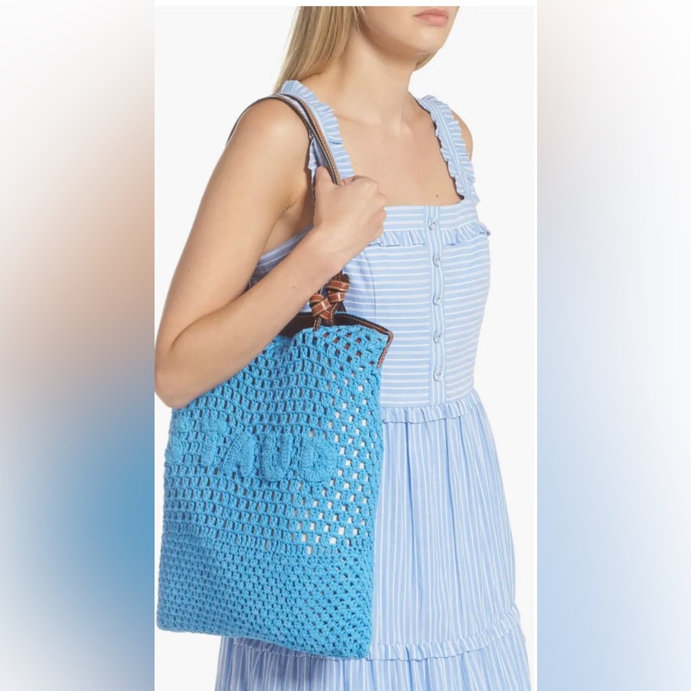 STAUD Crochet Porte Tote Shoulder Bag Casual Beachy In Azure Color One Size